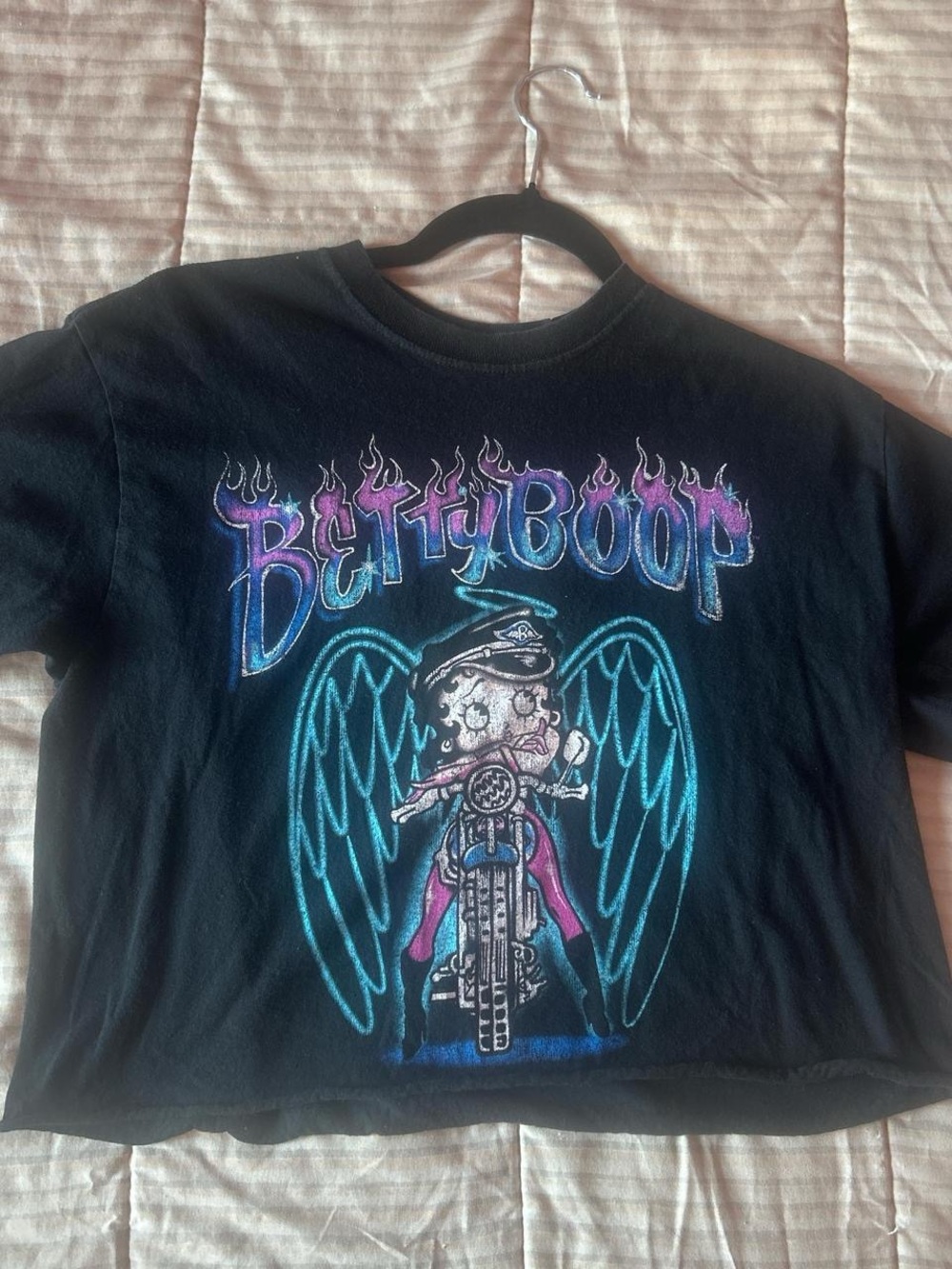 Betty Boop Black Tee with Teal Wings and Purple Logo